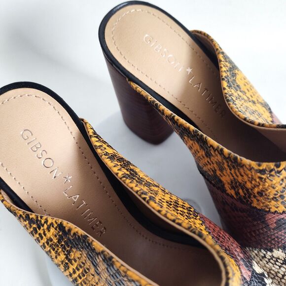 Gibson Latimer Snakeskin Goat Leather Size 9 Open Toe Block Heels Brown Yellow - Picture 8 of 12